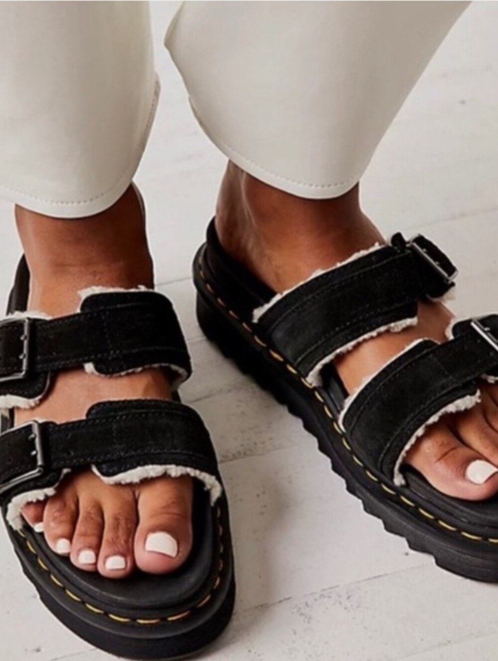 Dr. Martens Black Leather Suede Myles Fur-Lined Buckle Slide Sandals